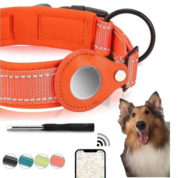 NWT dog collar orange Apple AirTag tracker reflective padded nylon medium B182 - Picture 3 of 8